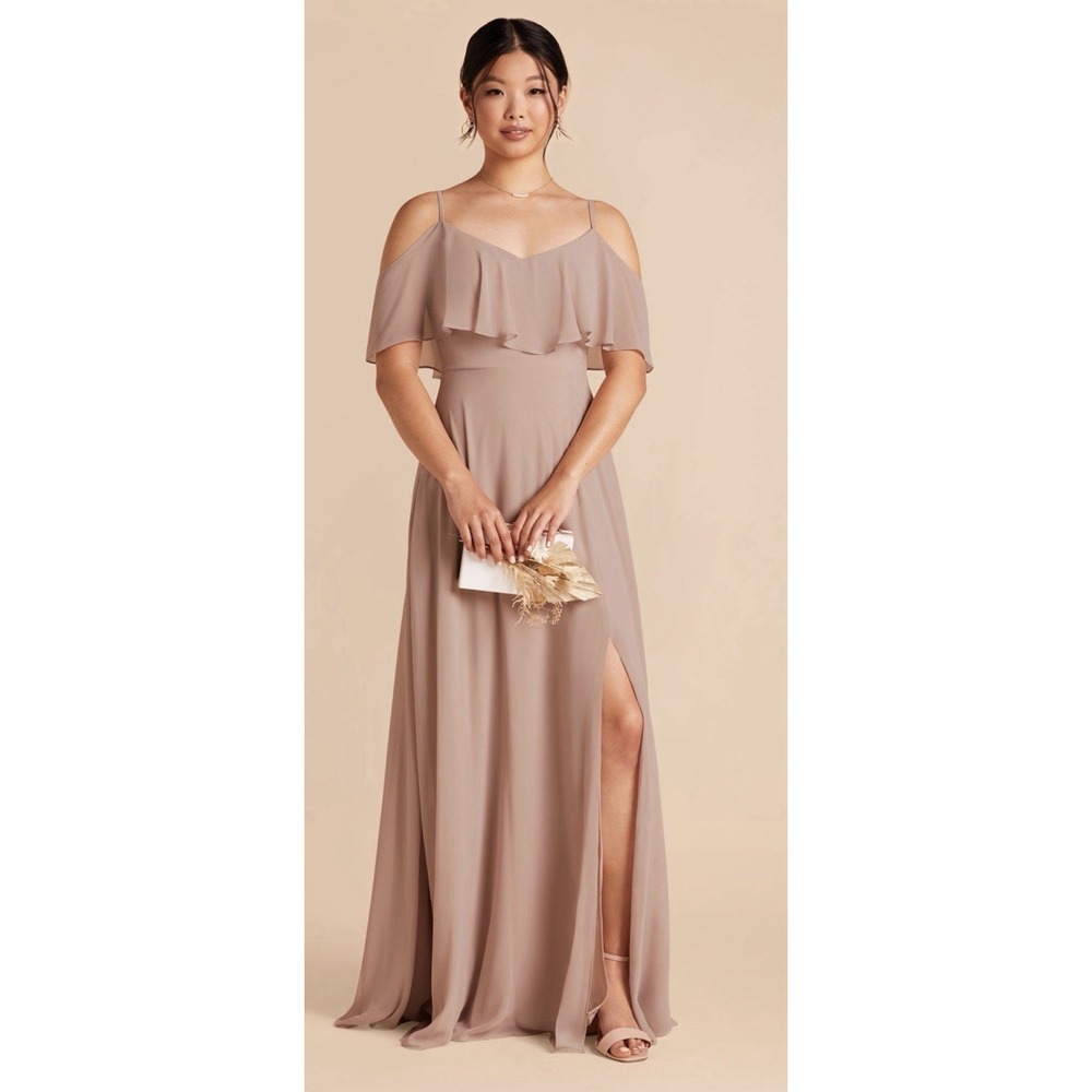 Birdy Grey Jane Bridesmaid Dress Taupe 2X NWT Ruffle Flutter Sleeve Maxiโ Slit